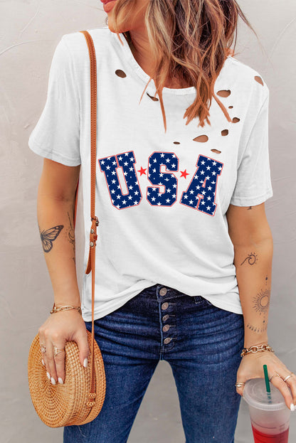 White Star USA Graphic Ripped Detail T Shirt