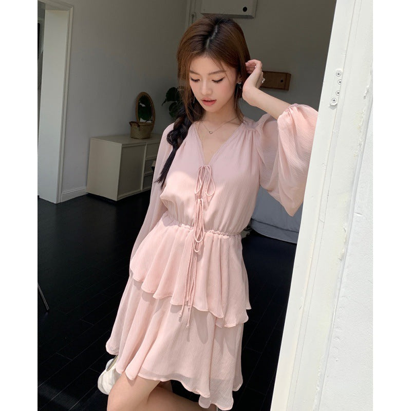 Women's V-neck Lace-up Long Sleeve Elegant Lantern Sleeve Dress