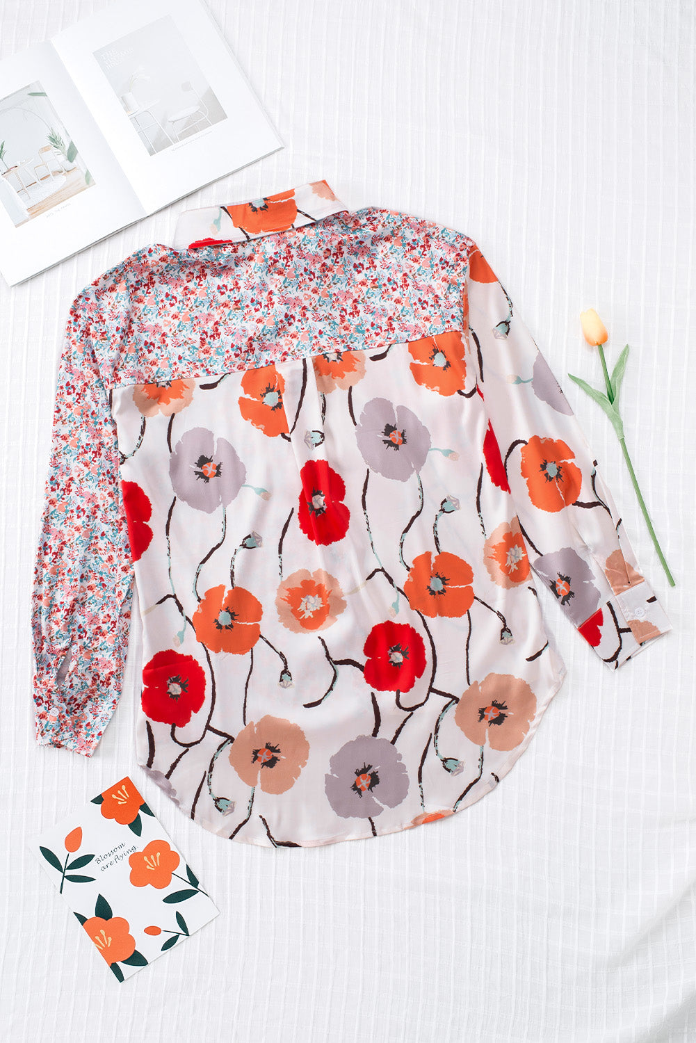 Chemise boutonnée en patchwork avec poches florales bohème rouge