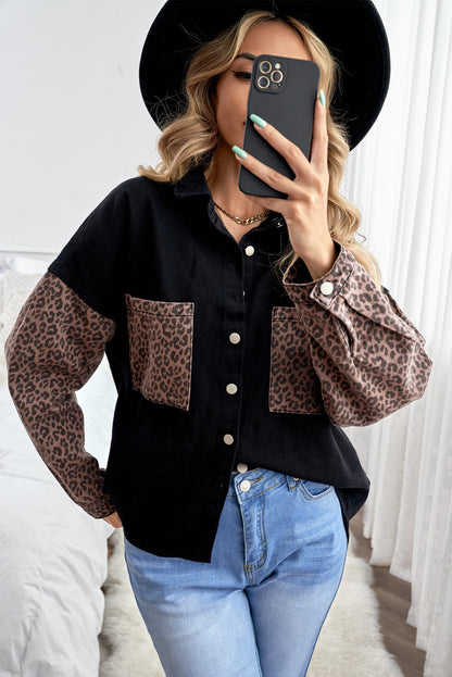 Black Contrast Leopard Denim Jacket