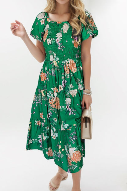 Robe midi smockée imprimée à manches bouffantes