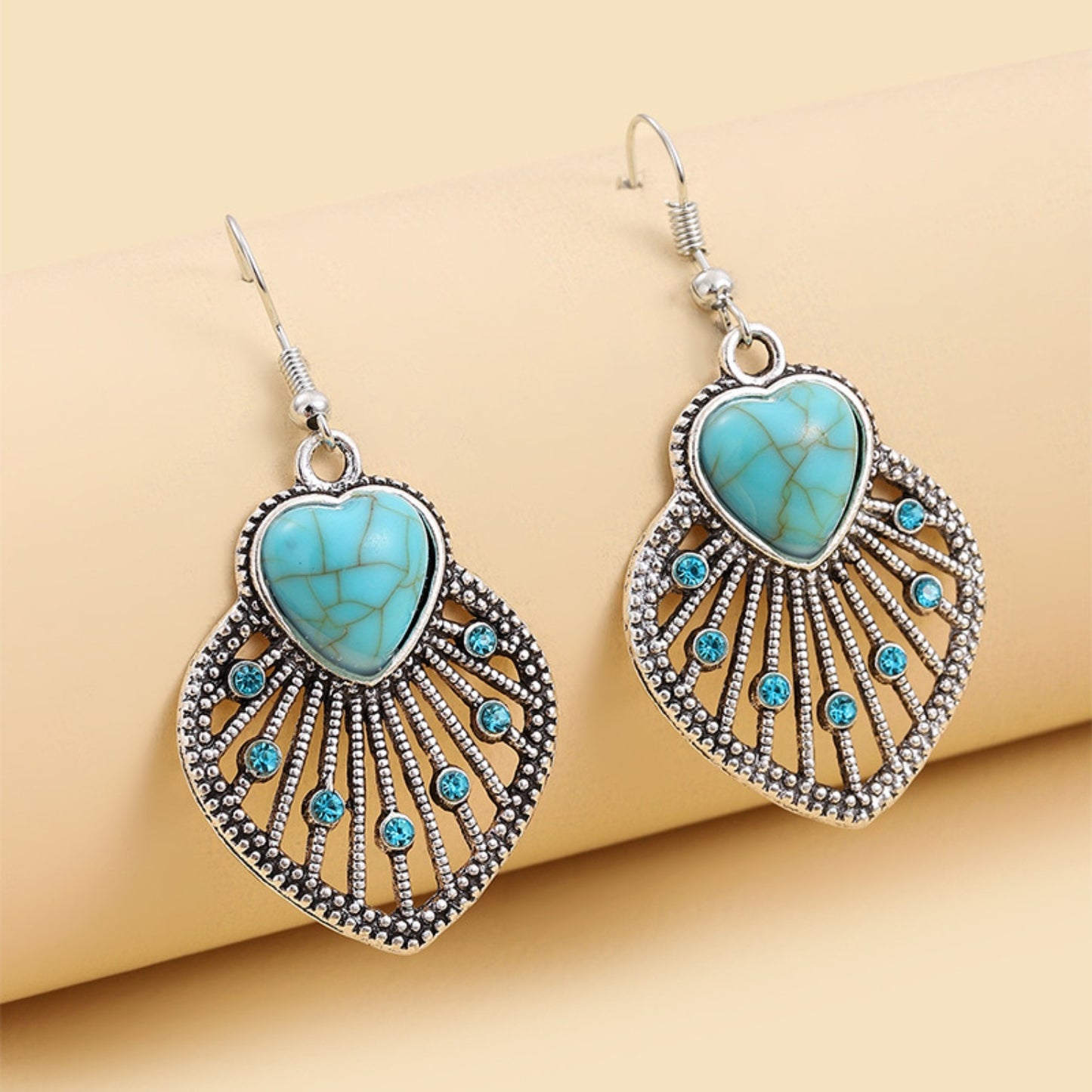 Boucles d'oreilles en forme de coeur et de feuille en strass turquoise artificiel