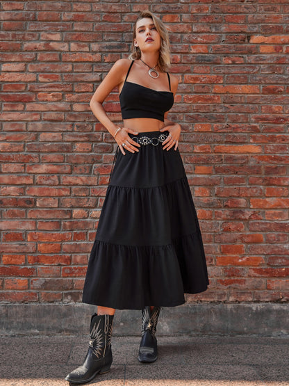 Elastic Waist Tiered Midi Skirt