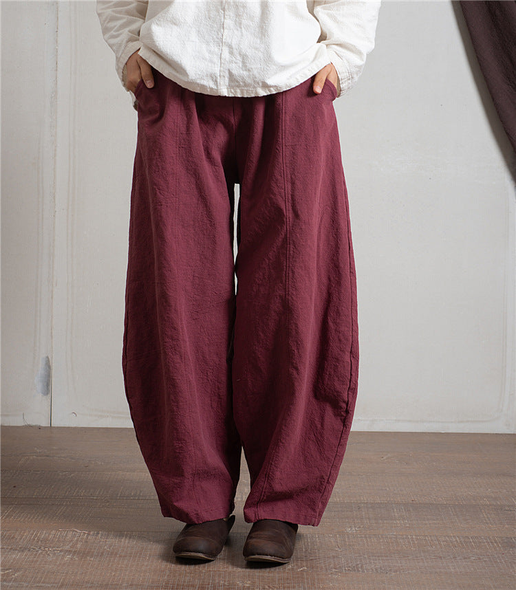 Women's Simple Casual Cotton Linen Harem Wide-leg Trousers Elastic Waist Pants