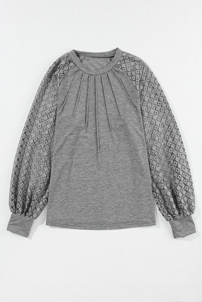 Gray Contrast Lace Raglan Sleeve Plicated Knit Top