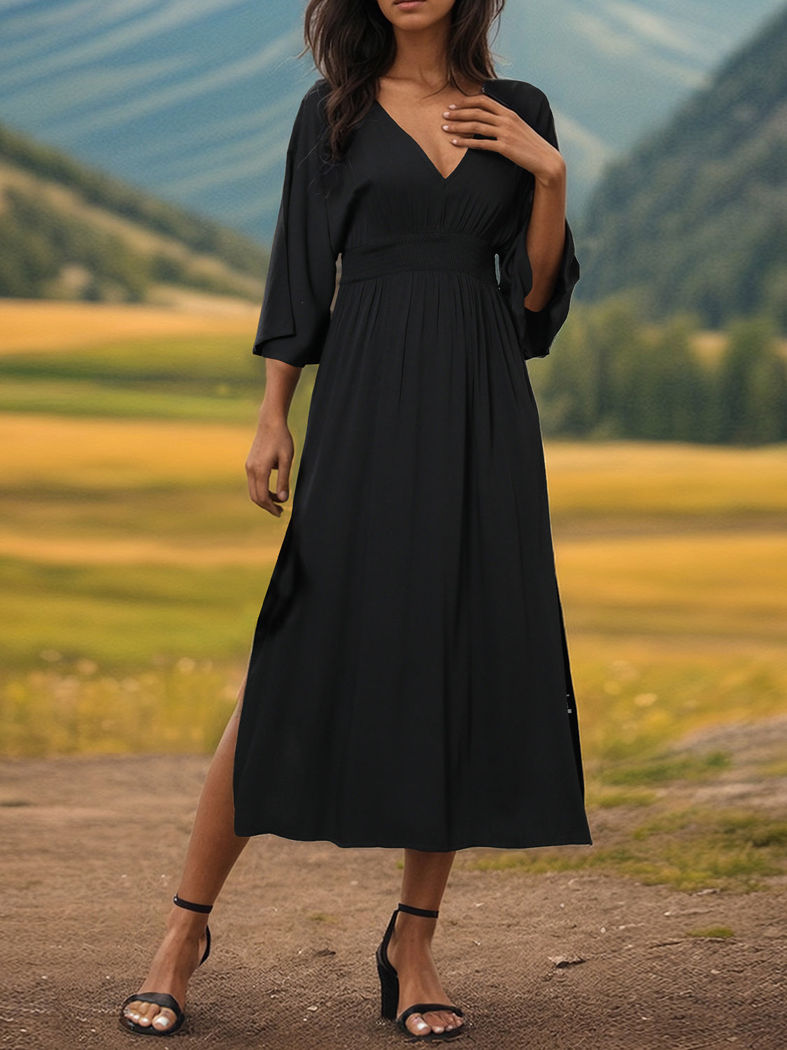 Robe midi fendue à col en V et manches longues