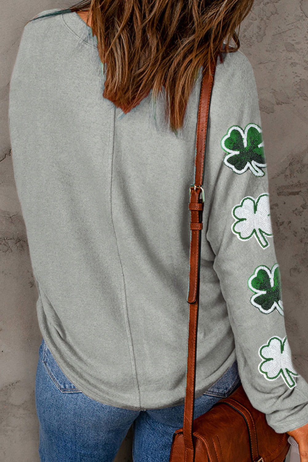 Green Sequin St Patrick Clover Patched Graphic Long Sleeve Tee