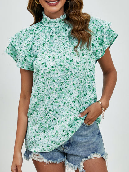 Blusa con mangas con volante y cuello simulado con estampado floral de florecitas