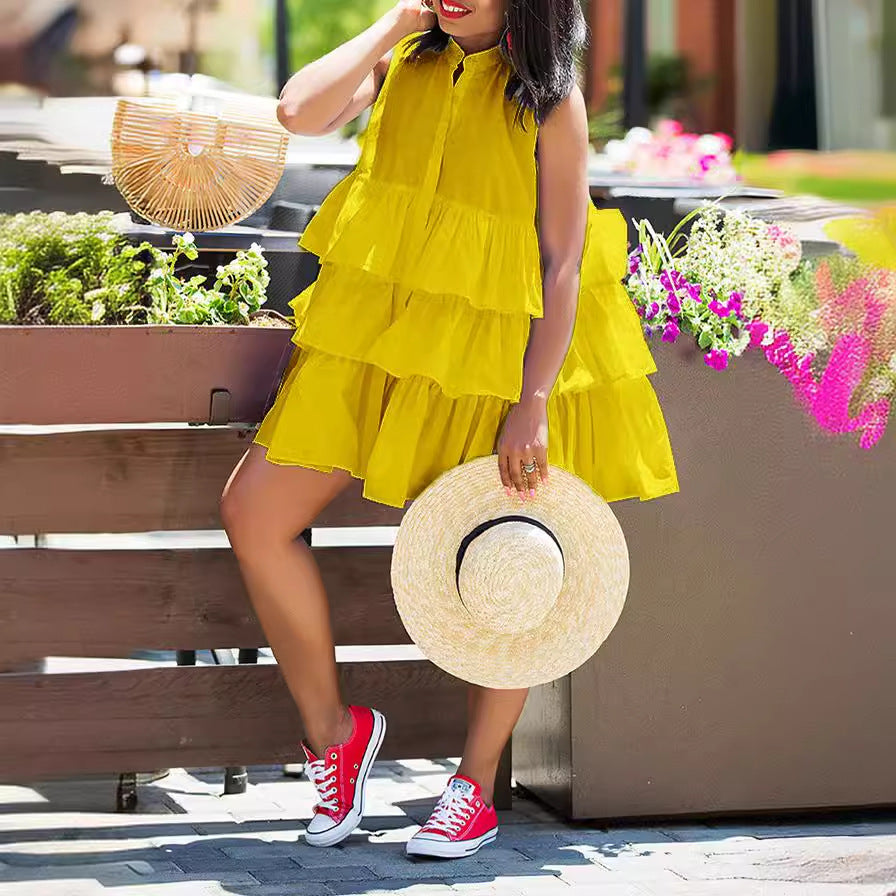 Vestido casual de moda sin mangas con costuras de múltiples capas