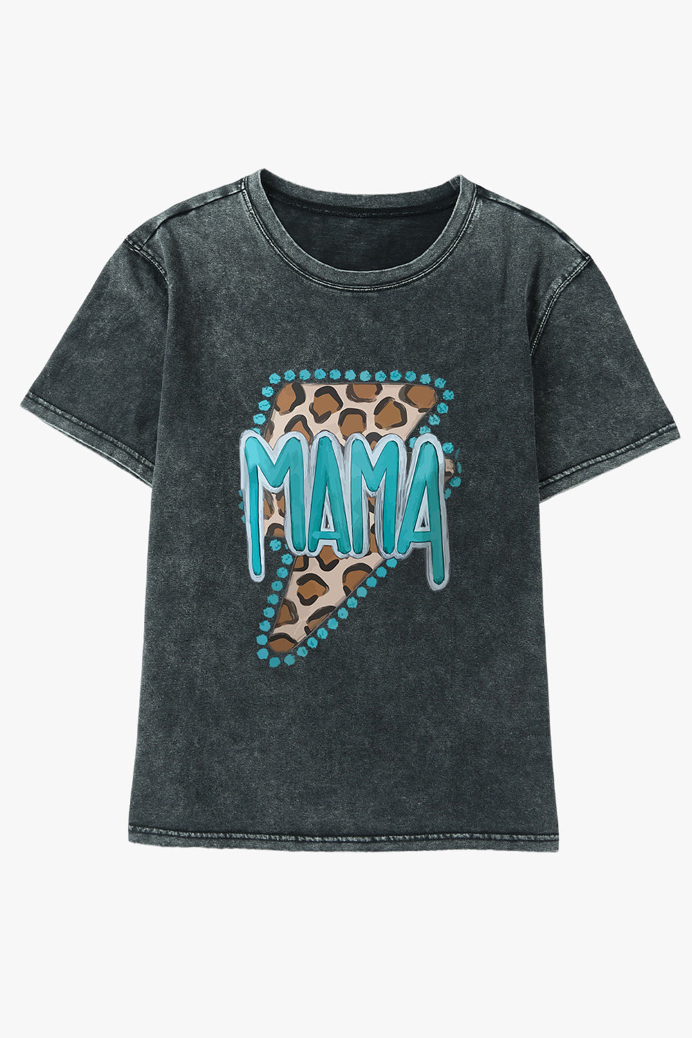 Camiseta negra con cuello redondo y estampado de relámpagos de leopardo MAMA