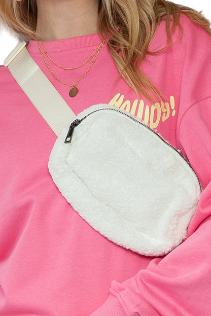 Bolso bandolera con correa ajustable de sherpa blanco brillante