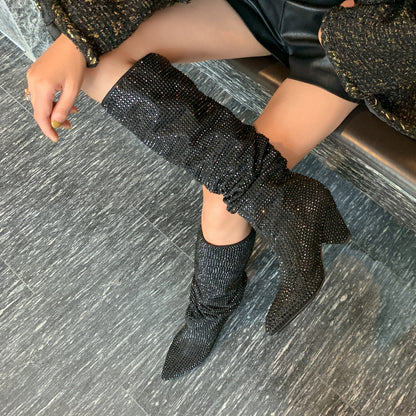 Talon effilé strass argenté bottes hautes pour femmes