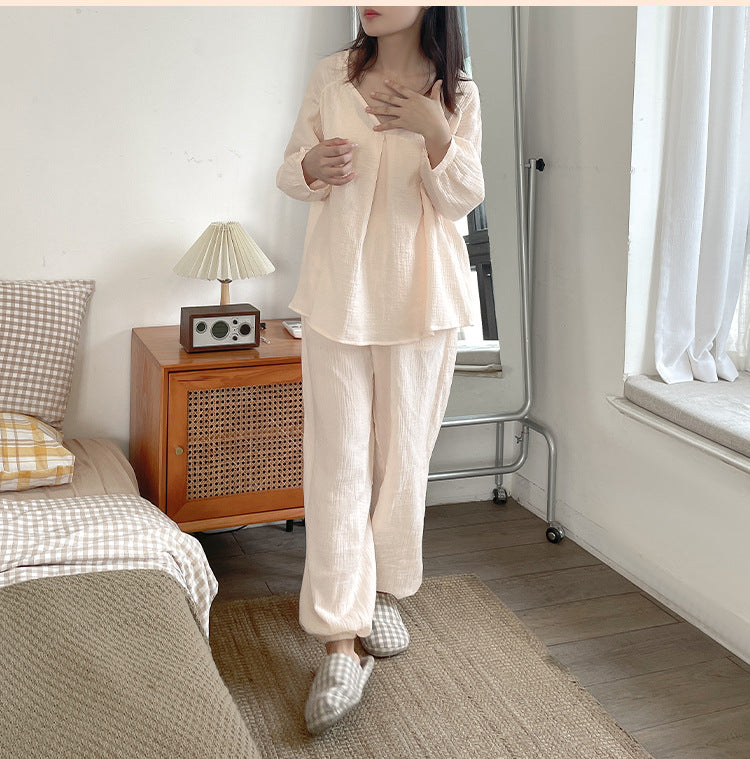 Double-layer Cotton Yarn V-neck Pajamas Suit Comfortable Homewear