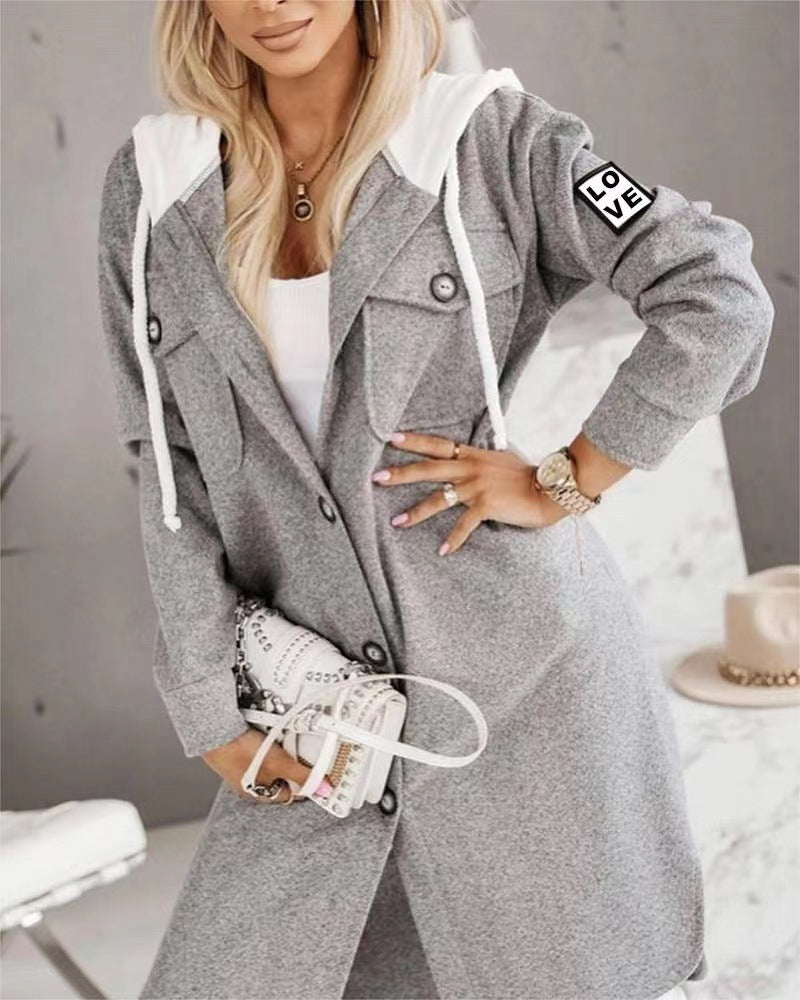 Fashion Hooded Button Long Sleeve Coat For Women