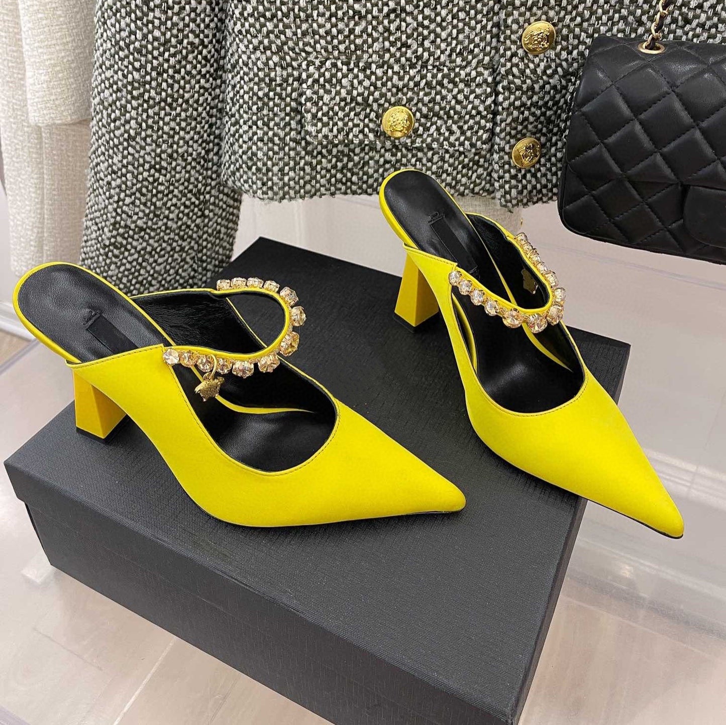 Silk Rhinestone Pointed Slippers Female