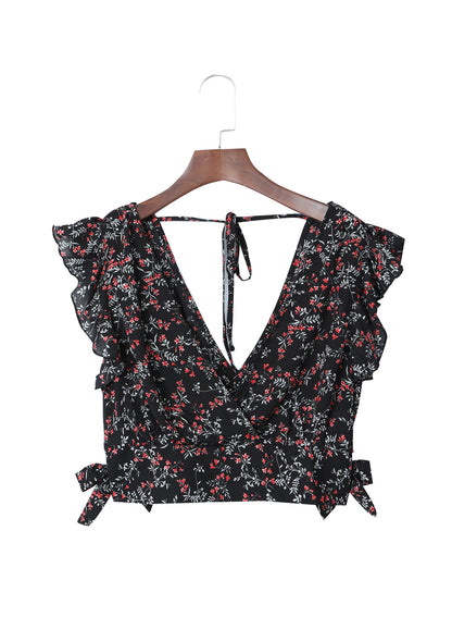 Conjunto de falda larga y top corto con volantes florales multicolor negro