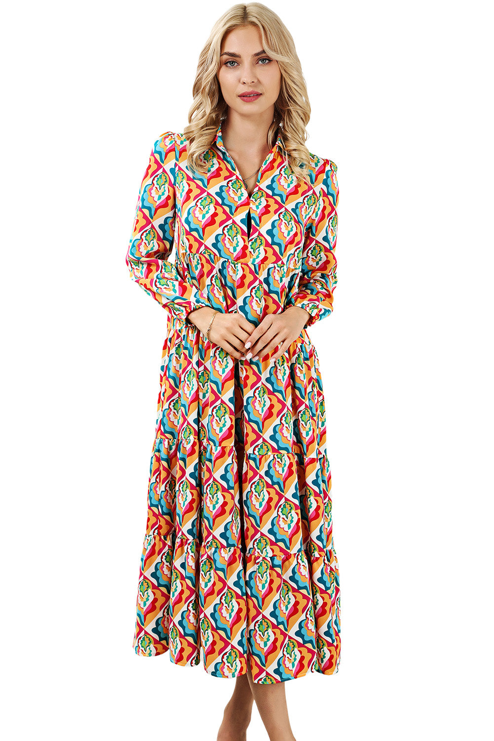 Abstract Geometric Print Long Sleeve High Waist Dress