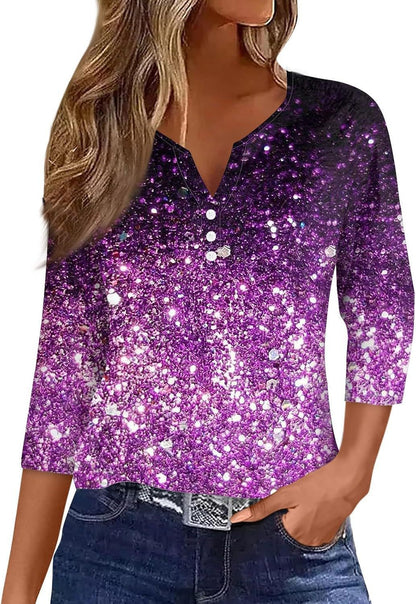 Women's V-neck Three-button 34 Sleeve Solid Color Gradient Floral Top