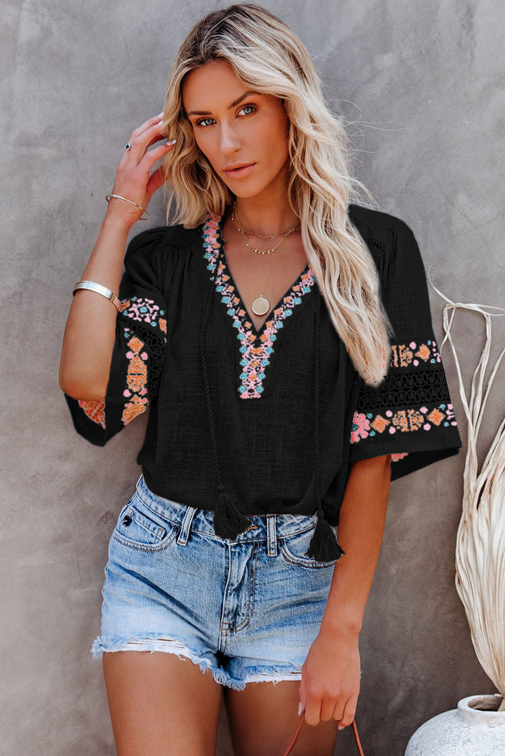 Black Boho Tassel Drawstring Cut Out Embroidered Blouse