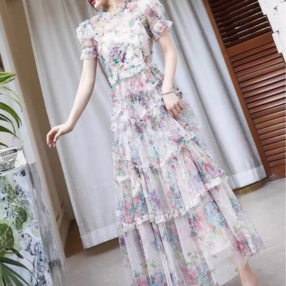 Vestido floral francés con cintura controlada y temperamento para mujer