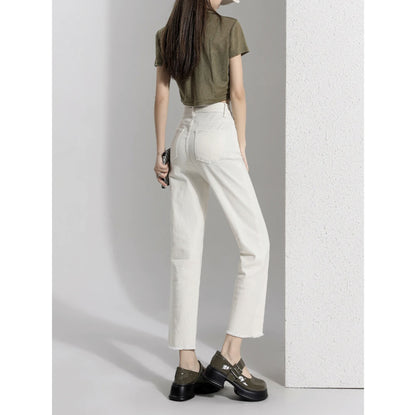 Women's Creamy-white Denim Ankle-length Pants