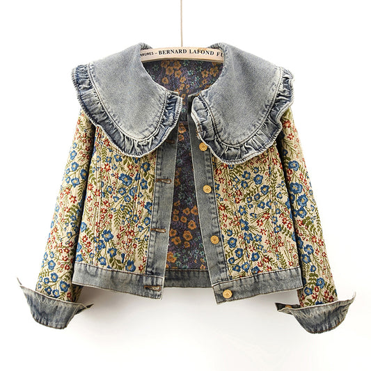 Printemps nouveau Super beau Jacquard à manches longues col de poupée manteau en Denim pour les femmes