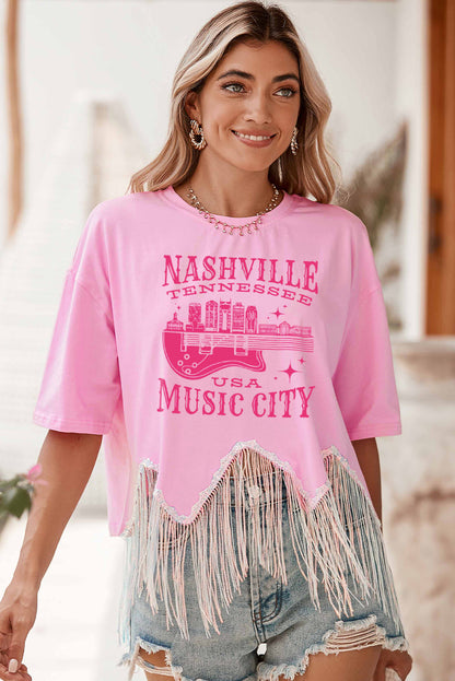 Pink NASHVILLE MUSIC CITY Graphic Sequin Fringed Hem Tee