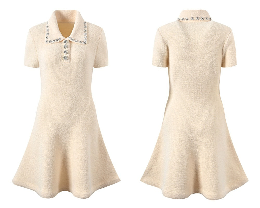 Elegant Socialite Gold Design Rhinestone Ivory White Plush Knitted Short Sleeve Dress