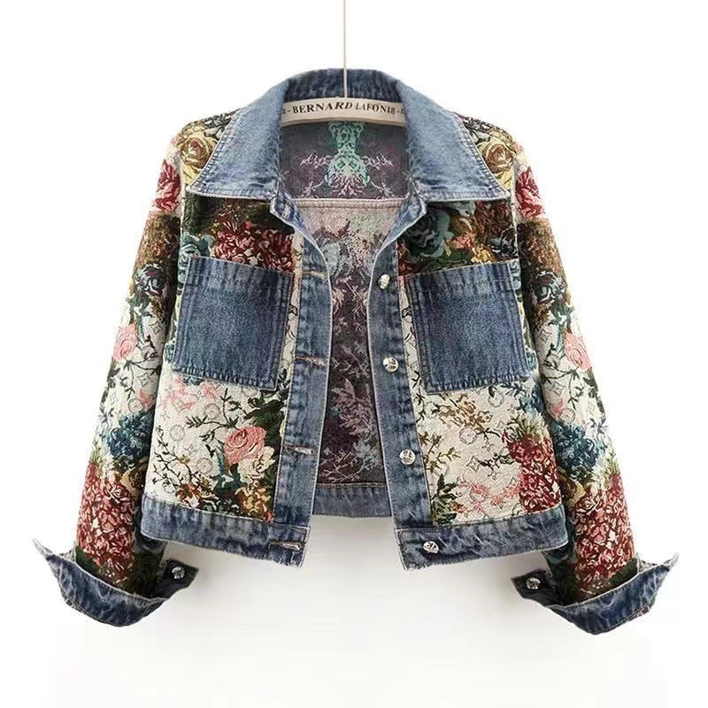 All-match Printed Patchwork Long Sleeves Lapel Denim Coat