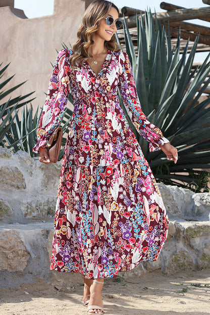 Robe longue violette à imprimé floral et col en V, taille empire