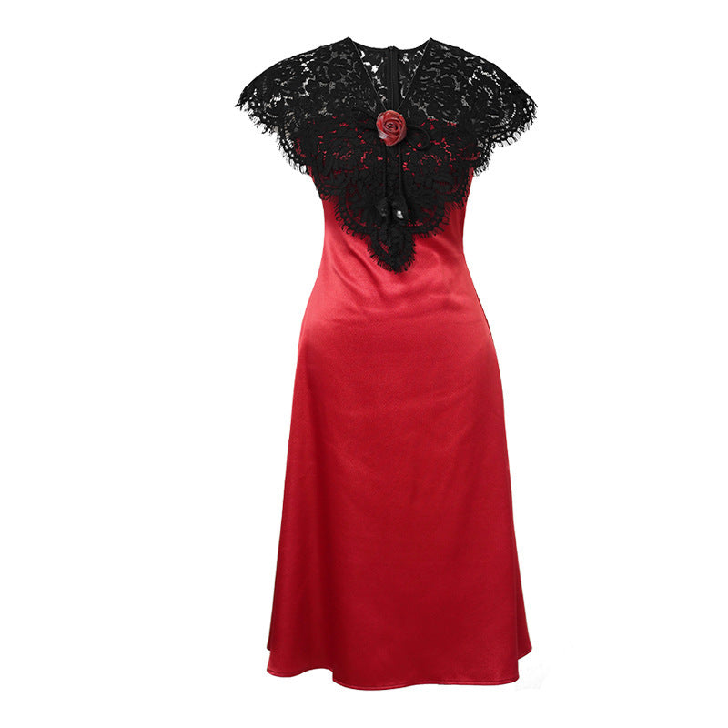 Women's Satin Lace Stitching Ruffle Sleeve Dress