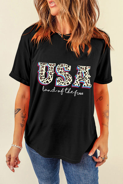 Camiseta con estampado de lema de la tierra de los Estados Unidos, leopardo negro, libre