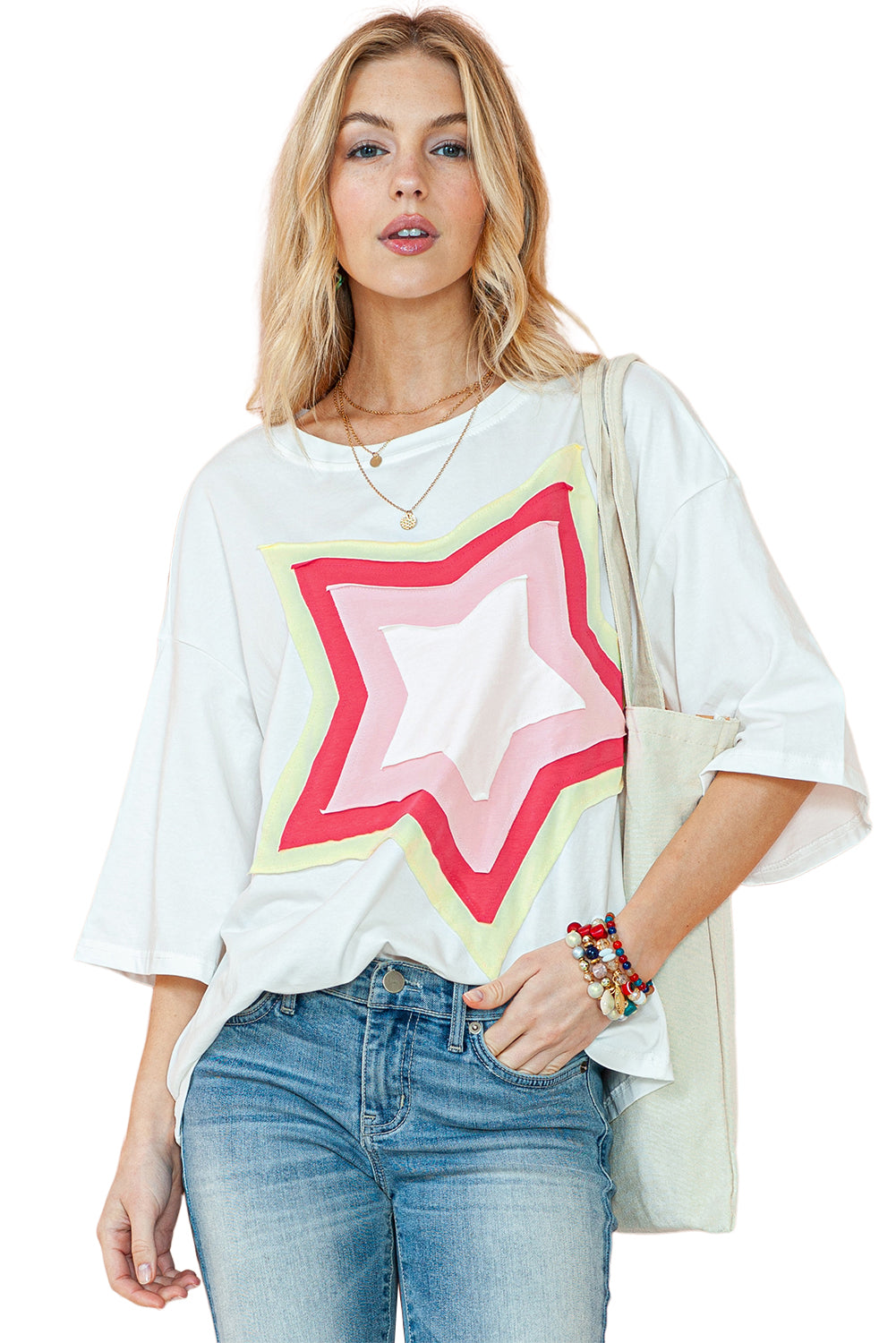 Moonlight Jade Colorblock Star Patched Half Sleeve Oversized Tee