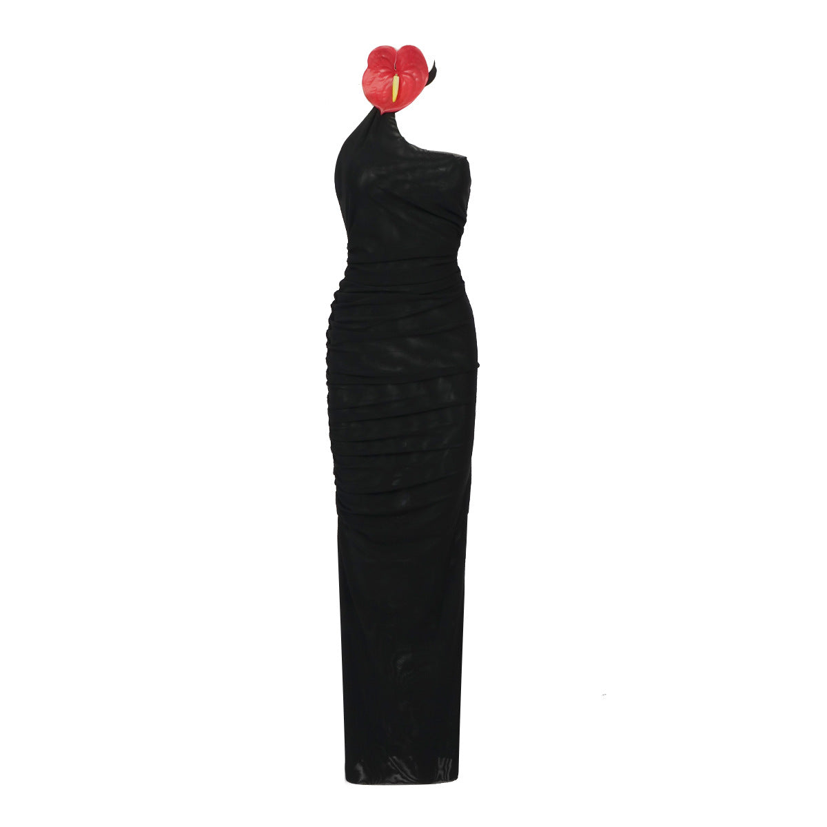 Black Flower Halter Backless Mesh Stretch Female Dress