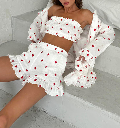 Casual And Sweet Heart Shape Printed Bell Sleeve Lace Three-piece Homewear