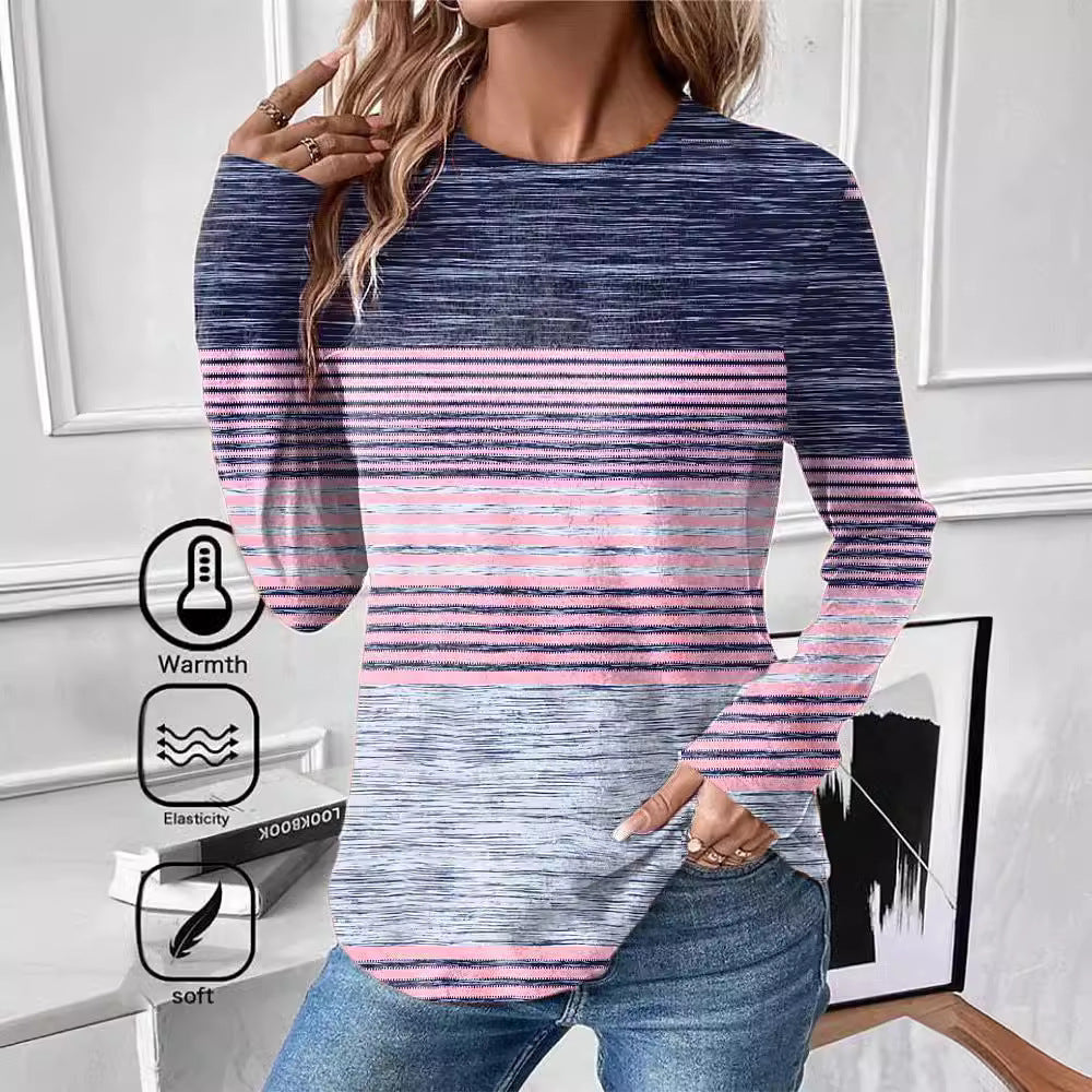 Women's Flower Striped Printed Long Sleeves T-shirt Loose Plus Size Women's Clothing