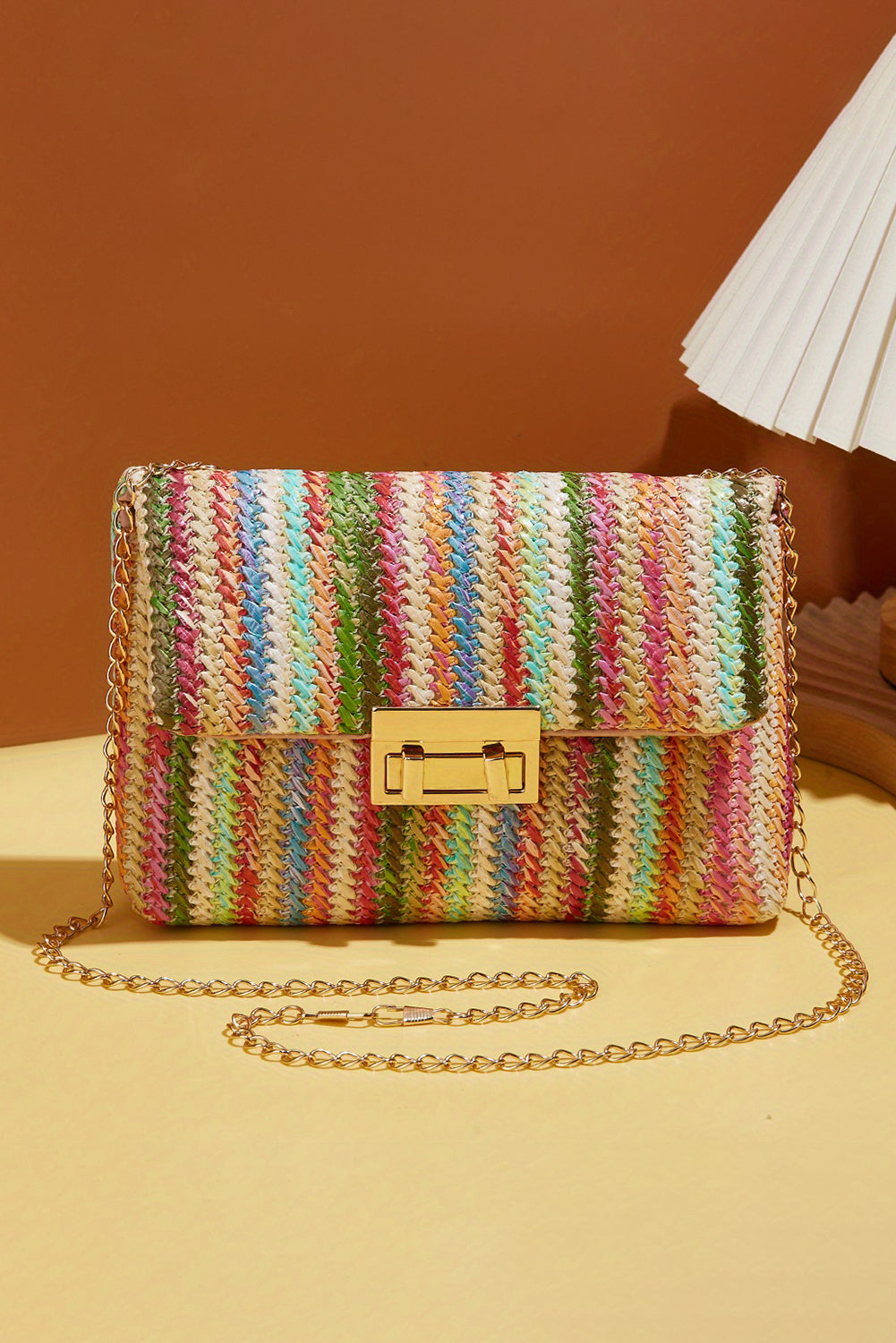 Apricot Striped Crochet Flapped Shoulder Bag