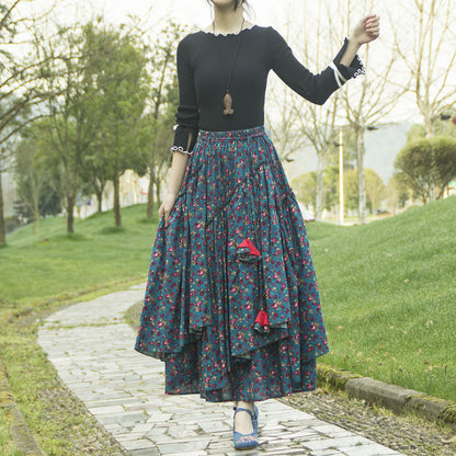 Falda estampada de algodón y lino de mujer de estilo étnico