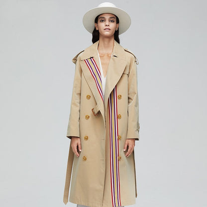 Stripes double-breasted trench coat British slim waist trench coat