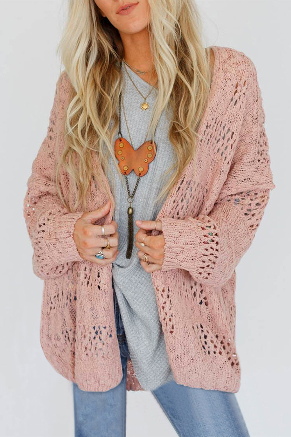 Apricot Casual Hollowed Knit Dolman Sleeve Cardigan