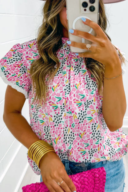 Multicolor Abstract Print High Neck Flutter Sleeves Top