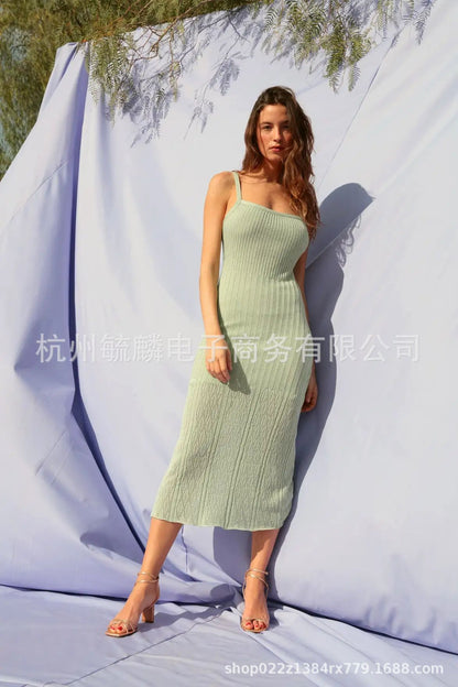 Summer Thin Hollow High Elastic Ice Silk Midi Dress