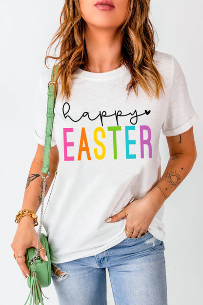 T-shirt blanc à col rond avec lettre Happy EASTER