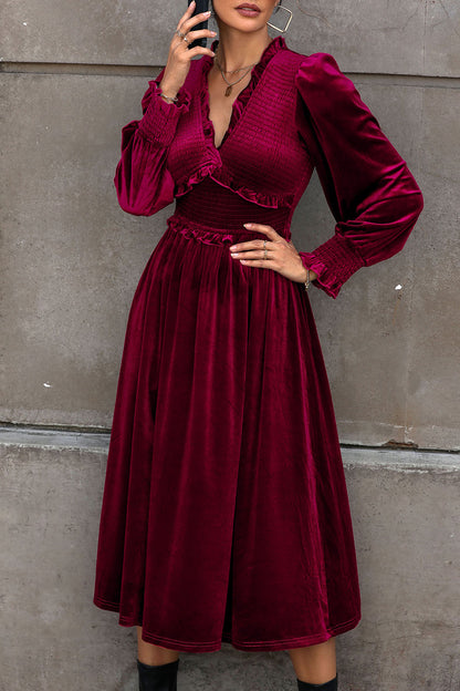 Robe midi smockée à manches lanternes