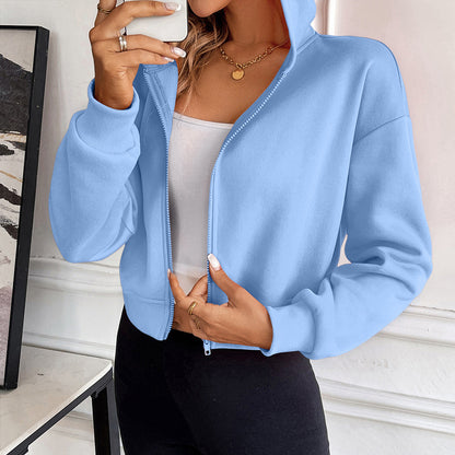 Women's Short Zipper Cardigan Hooded Casual Sweatshirt