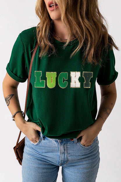 Camiseta verde con cuello redondo y estampado de chenilla con purpurina LUCKY