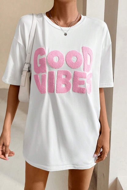 T-shirt blanc à col rond brodé en chenille GOOD VIBES