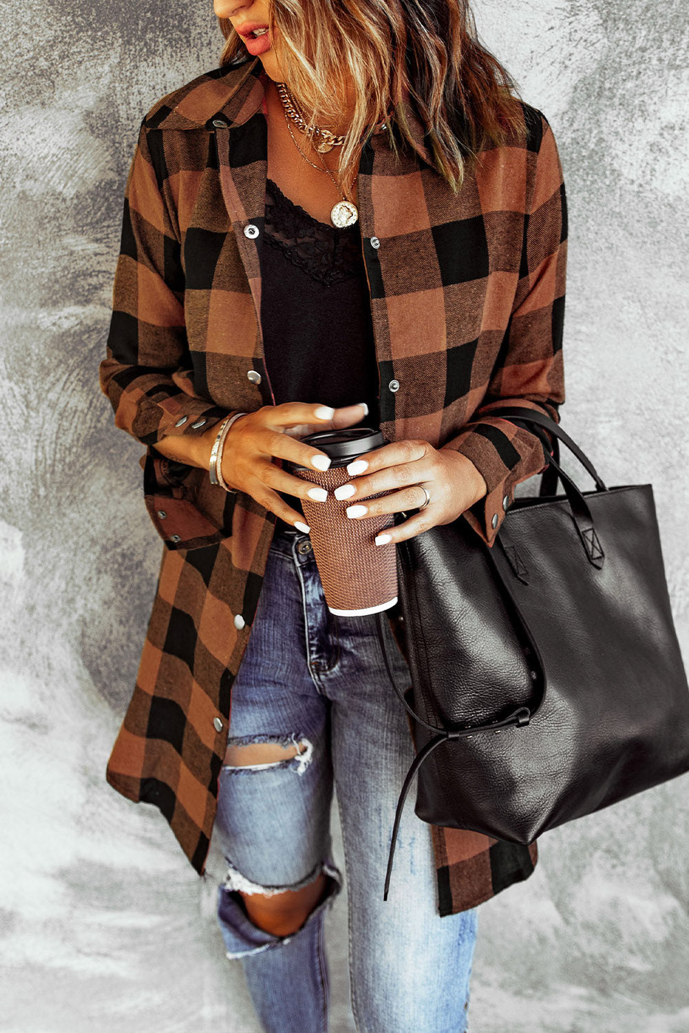 Green Turn-down Collar Plaid Shirt Coat