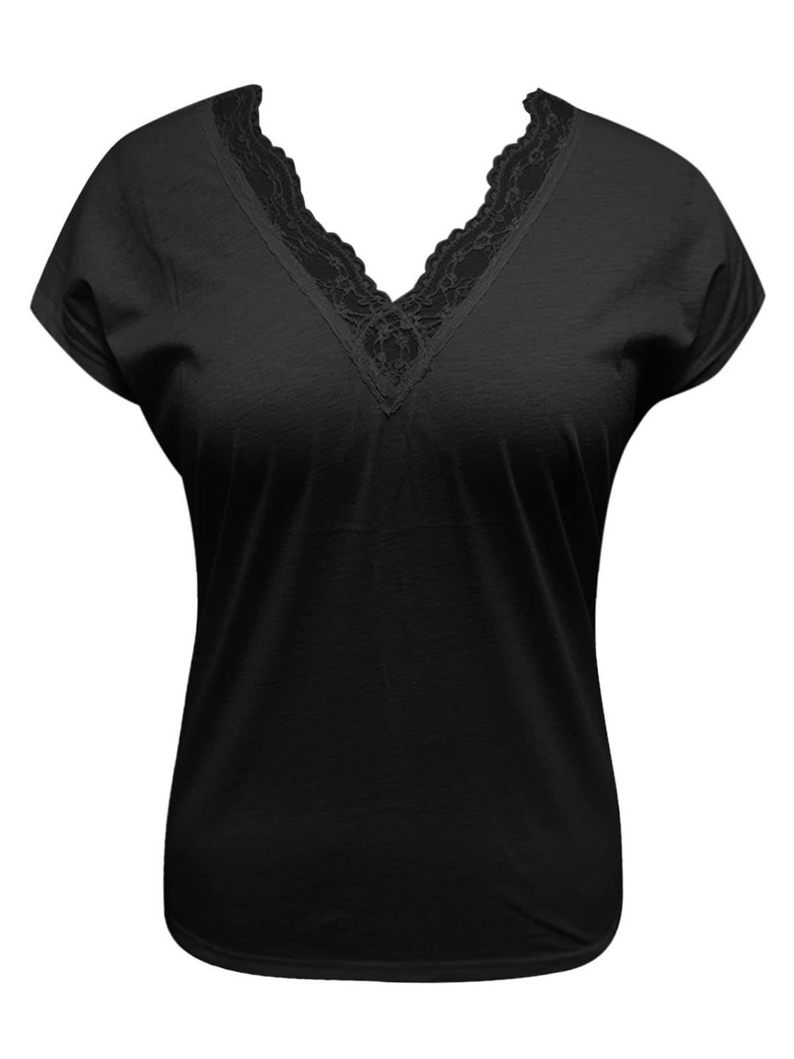 Blusa de manga corta con cuello en V y detalle de encaje de tamaño completo