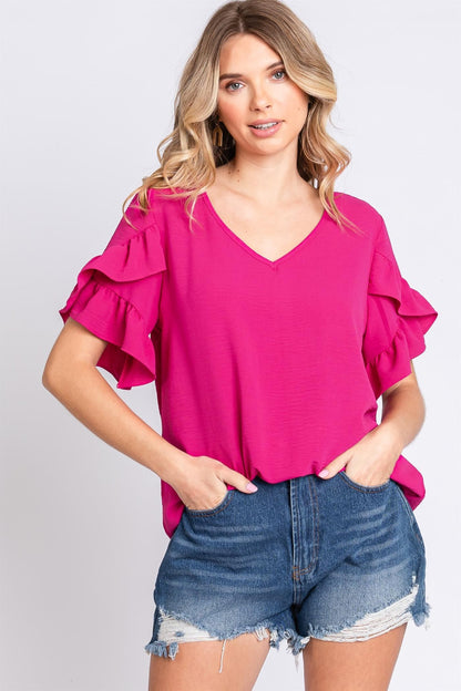 Blusa de manga corta con ribete de volantes y cuello en V GeeGee